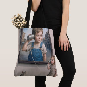 Kids Talking On a Retro Tin Can Telephone Tote Bag