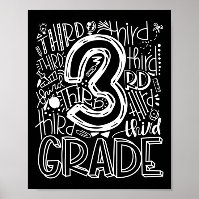 Kids Teacher Back To School 3rd Third Grade Typogr Poster (Front)