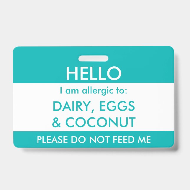 Kids Teal Hello My Name is Allergic To Allergy Badge (Front)