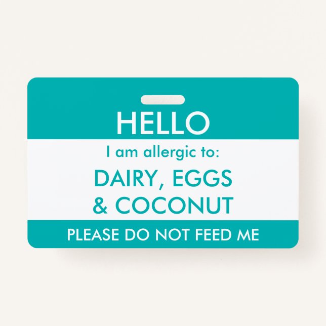 Kids Teal Hello My Name is Allergic To Allergy Badge (Front)