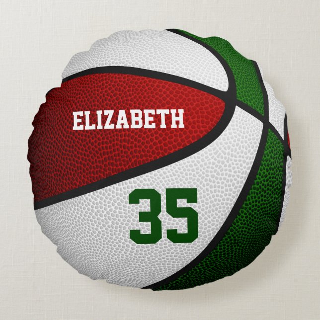 Kids teens red green team colours basketball round pillow (Front)