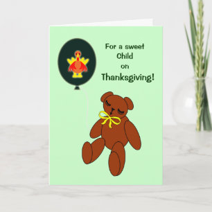 Kids Thanksgiving Card Teddy Bear w Turkey Balloon