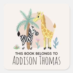 Kids This Book Belongs Safari Animal Bookplate Square Sticker