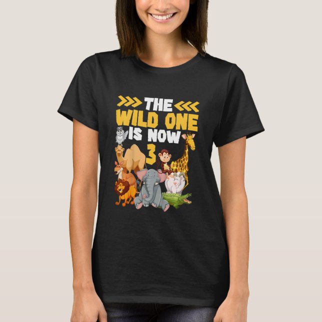 Kids This Wild One Is Now 3 Zoo   Safari 3rd Birth T-Shirt (Front)