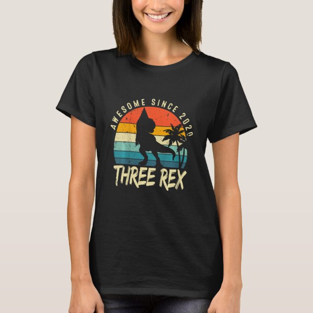 Kids Three Rex 3rd Birthday Boy Third Dinosaur Awe T-Shirt (Front)