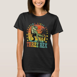 Kids Three Rex 3rd Birthday Boy Third Dinosaur Awe T-Shirt