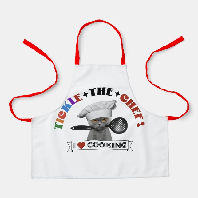 Kids "Tickle the Chef" Funny Cat apron, Red 70's Apron (Front)