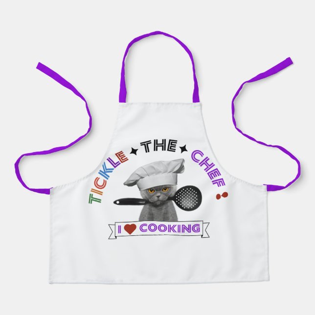 Kids 'Tickle the Chef" Funny Cat Purple Apron (Front)