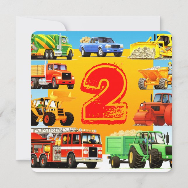 Kid's Toy Construction Trucks 2nd Birthday Party Invitation (Front)