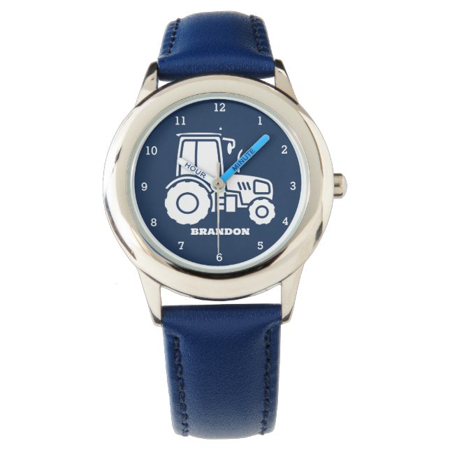Kids Tractor Boys Blue Custom Name Watch (Front)