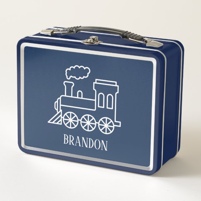 Kids Train Boys Blue Custom Name Metal Lunch Box (Front)