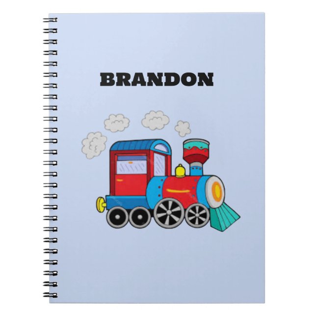 Kids Train Boys Blue Custom Name Notebook (Front)