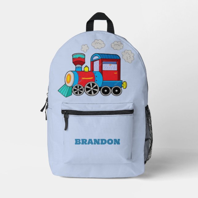Kids Train Boys Blue Custom Name Printed Backpack (Front)