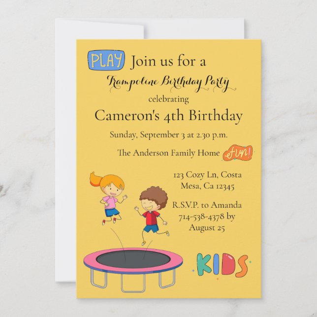 Kids Trampoline Birthday Party Invitation Yellow (Front)