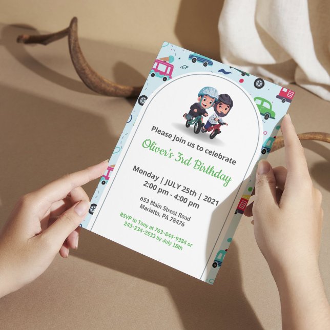 Kids Transportation Bicycle Birthday Blue Pattern Invitation (Creator Uploaded)