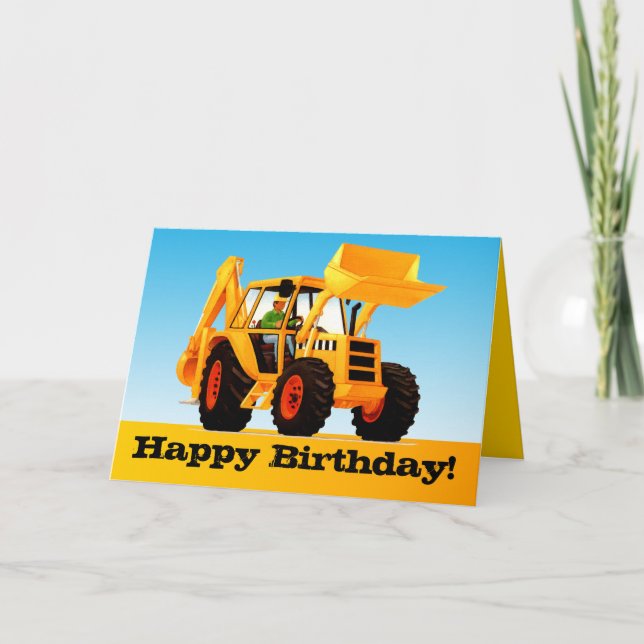 Kids Trucks - Custom Yellow Digger Happy Birthday Card (Front)