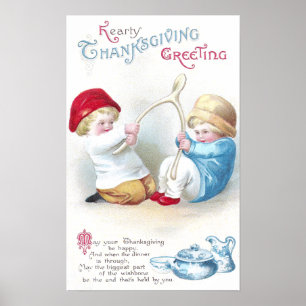Kids Tug on Giant Wishbone Vintage Thanksgiving Poster