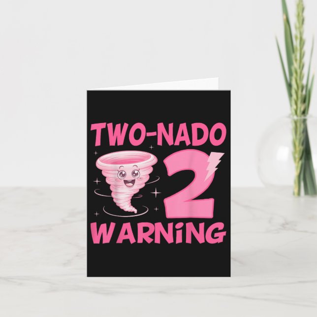 Kids Two-nado Warning 2nd Birthday Pink Tornado Bi Card (Front)