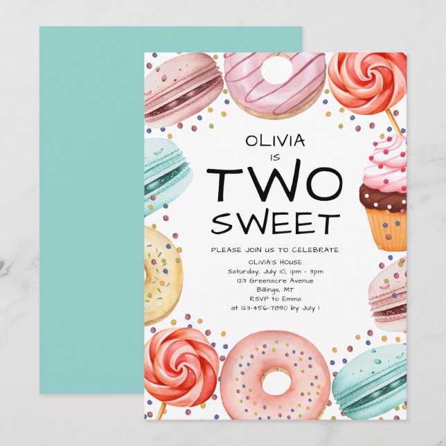 Kids Two Sweet 2nd Birthday Party  Invitation (Front/Back)