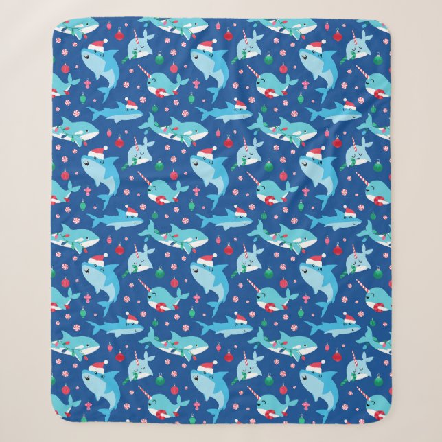 Kids Under The Sea Christmas Shark Narwhal Sherpa Blanket (Front)