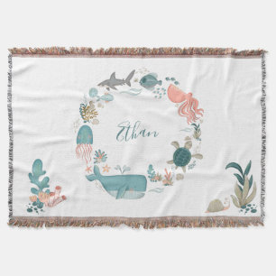 Kids Under the Sea Personalized Name Watercolor Throw Blanket