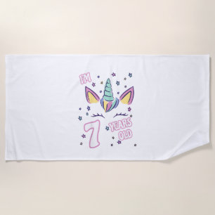 Kids Unicorn 7th birthday i'm 7 years old girl uni Beach Towel