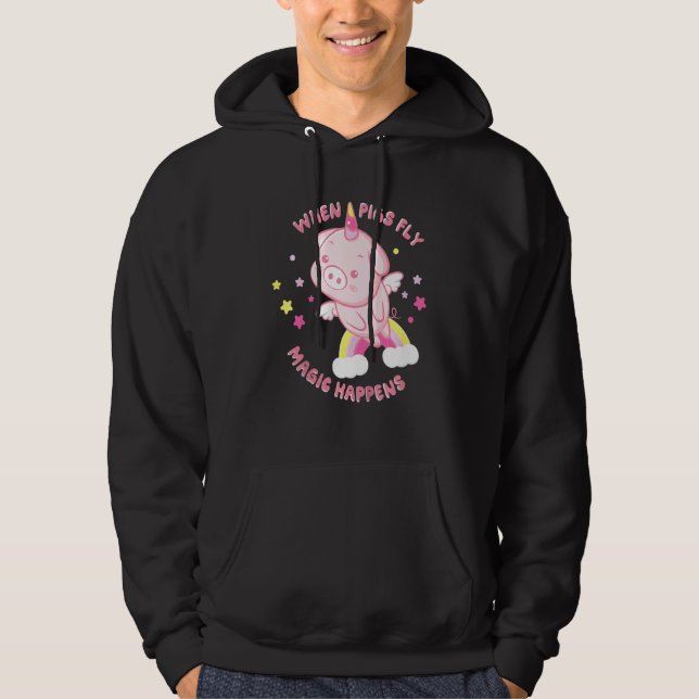 Kids Unicorn Pig Fly Magic Happens  Cute Hoodie (Front)