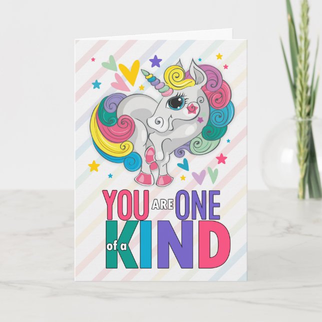 Kid's Valentine Rainbow Unicorn One of a Kind Holiday Card (Front)