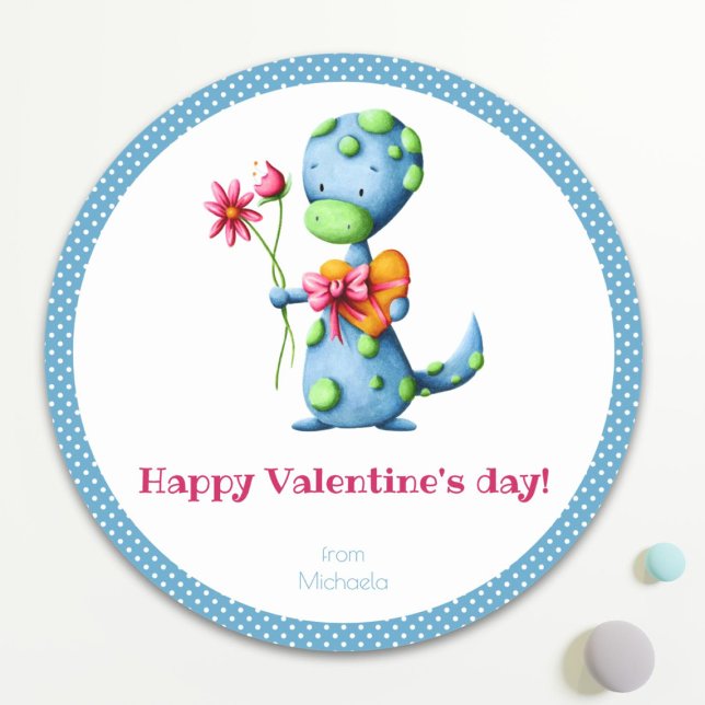 Kids Valentines Day Blue Dinosaur Classic Round Sticker (Creator Uploaded)