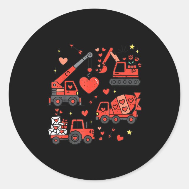 Kids Valentines Day Construction Trucks Funny Boys Classic Round Sticker (Front)