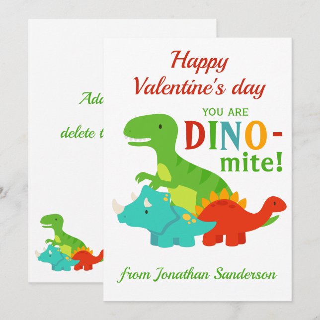 Kids Valentines Day Dinosaur Dino-mite Fun Flat Holiday Card (Front/Back)