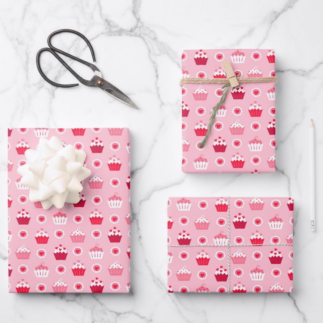 Kids Valentine's Day Heart Cupcakes Galore Wrapping Paper Sheet (Front)