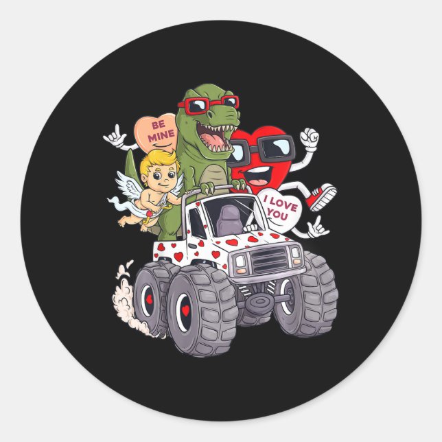 Kids Valentines Day Hearts T Rex Cupid Monster Tru Classic Round Sticker (Front)