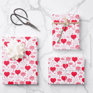 Kids Valentine's Day Red Heart Flowers Trees Cloud Wrapping Paper Sheet
