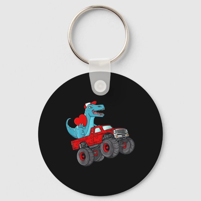 Kids Valentines Day T Rex Riding Monster Truck Fun Keychain (Front)
