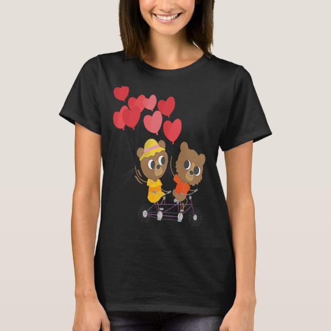 Kids Valentines Day teddy bears on a bicycle T-Shirt (Front)