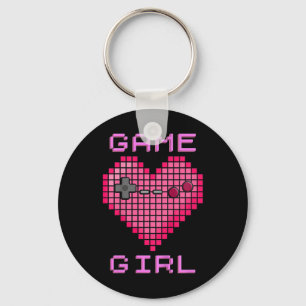 Kids Video Game Girl Retro Gaming Pixel Heart Cont Keychain