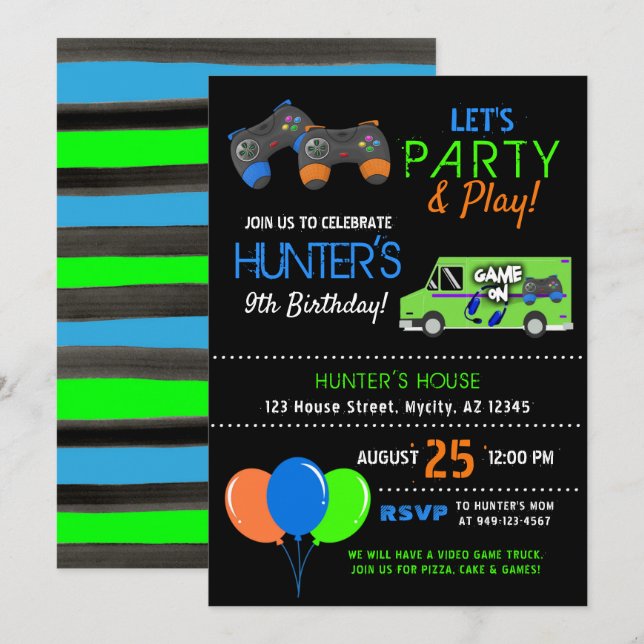 Kid's Video Game Truck Birthday Invitation (Front/Back)