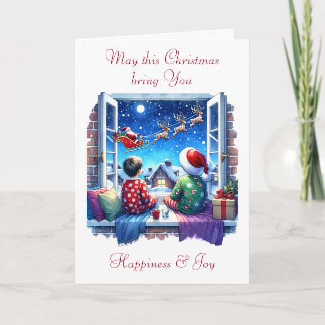 Kids Watching Santa on Christmas Eve Holiday Card (Front)