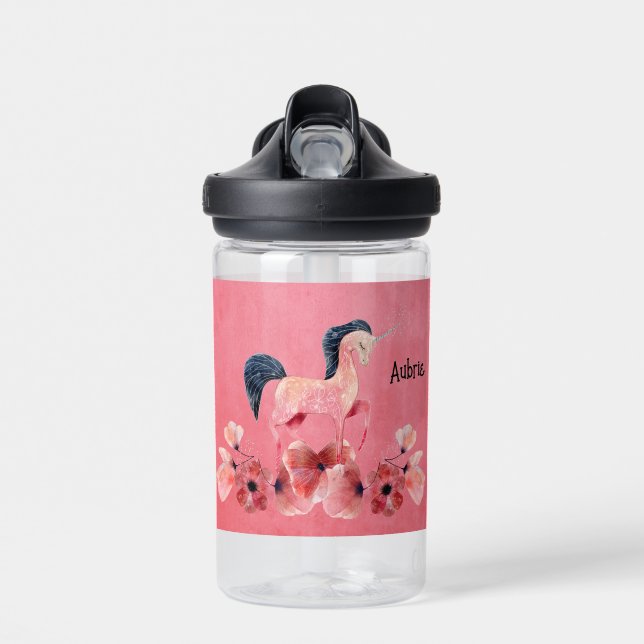 Kids Water Bottle Pink with Unicorn & Flowers (Front)
