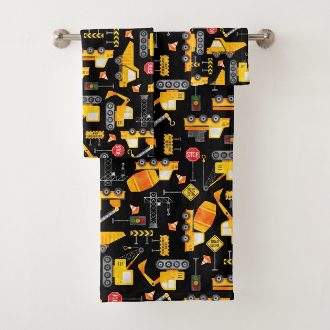 Kids Watercolor Construction Vehicles Pattern Bath Towel Set (Insitu)