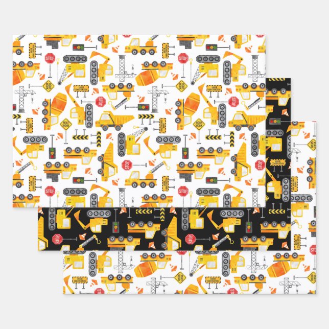 Kids Watercolor Construction Vehicles Pattern Wrapping Paper Sheet (Set)