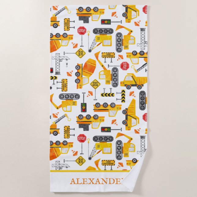 Kids Watercolor Construction Vehicles Personalized Beach Towel (Front)