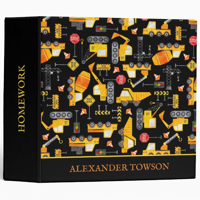 Kids Watercolor Construction Vehicles Personalized Binder (Front/Spine)