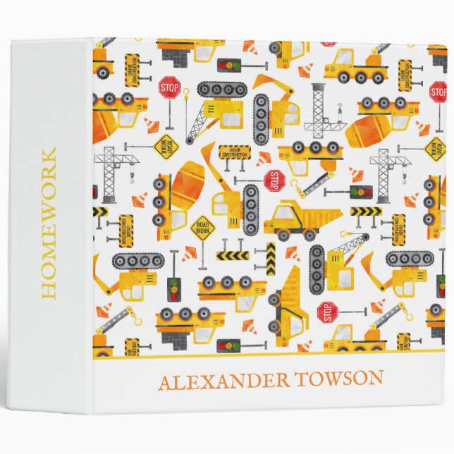 Kids Watercolor Construction Vehicles Personalized Binder (Front/Spine)