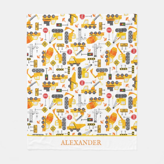 Kids Watercolor Construction Vehicles Personalized Fleece Blanket (Front)