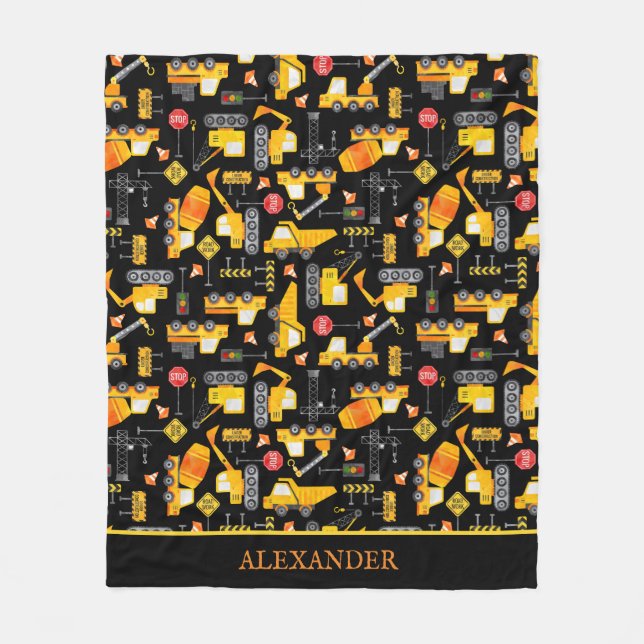 Kids Watercolor Construction Vehicles Personalized Fleece Blanket (Front)
