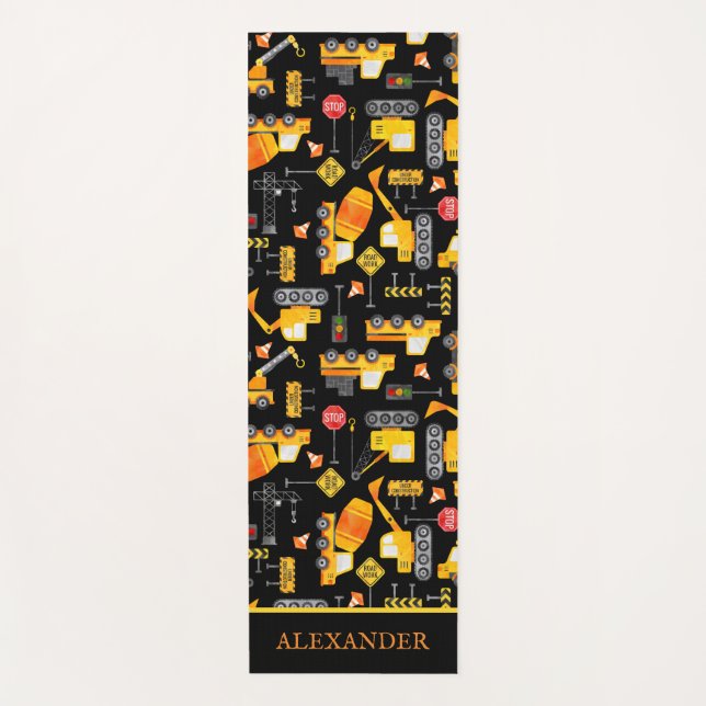 Kids Watercolor Construction Vehicles Personalized Yoga Mat (Front)