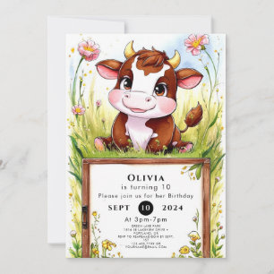 Kids Watercolor Cow Birthday Invitation