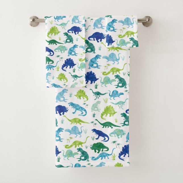 Kids Watercolor Dinosaur Silhouette Pattern Boys Bath Towel Set (Insitu)